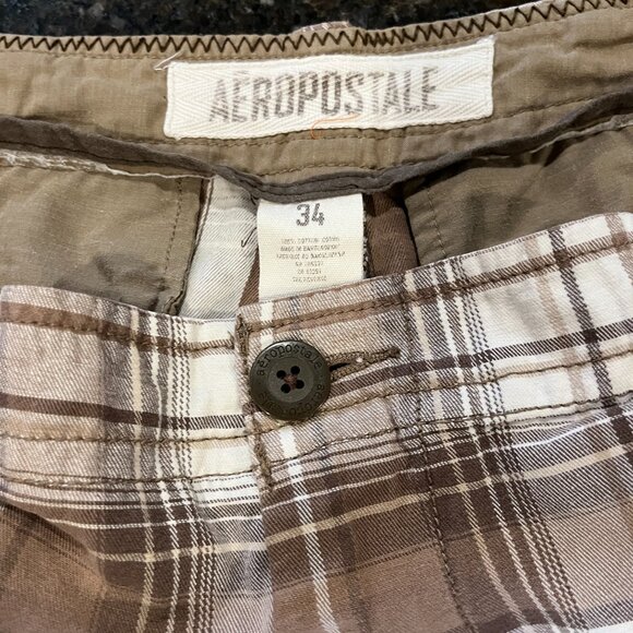 Lot of 2 Men's Plaid Short Brown & White Aeropostale and Blue & White Tailor Vtg - Picture 11 of 14